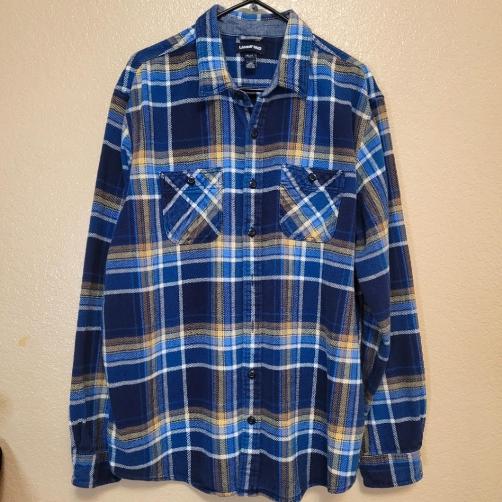 Land's end Men Blue Thick Flannel Shirt Size XL